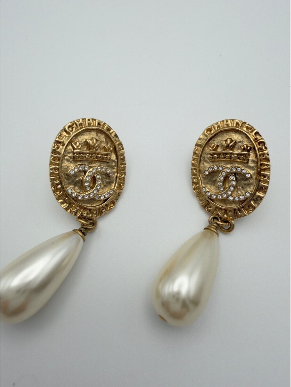 Authentic Chanel Faux Pearl and Strass CC Crown Drop Pierced Earrings COA